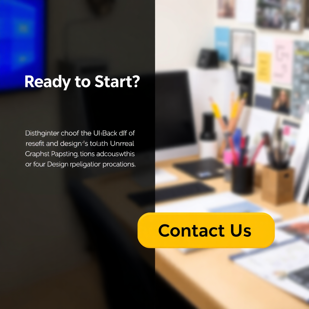 A visually engaging call to action featuring a split-screen design. On the left, a compelling headline reads 'Ready to Start?' and a brief paragraph highlighting the benefits of working with Unreal Graphic Designs. On the right, a blurred background image displays a designer's workspace with various design tools and inspiration materials. A prominent 'Contact Us' button uses a vibrant color scheme and invites visitors to initiate communication.