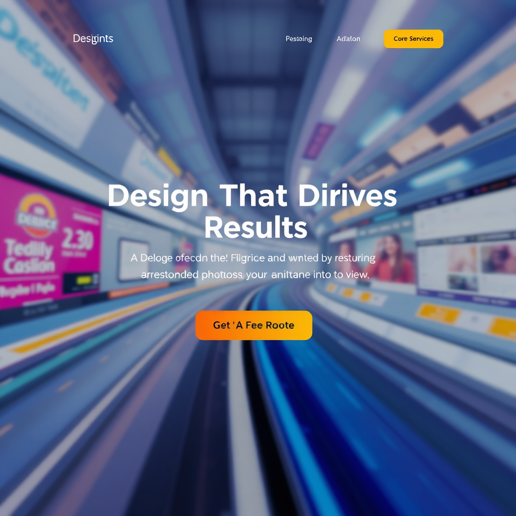 A visually striking hero section with a parallax scrolling effect. As the user scrolls, design elements such as logos, website screenshots, and restored photos subtly animate into view. The headline reads 'Design That Drives Results', supported by a concise sub-headline highlighting core services. A compelling call to action button 'Get a Free Quote' encourages engagement. The color scheme uses a vibrant accent color against a clean, minimalist background.