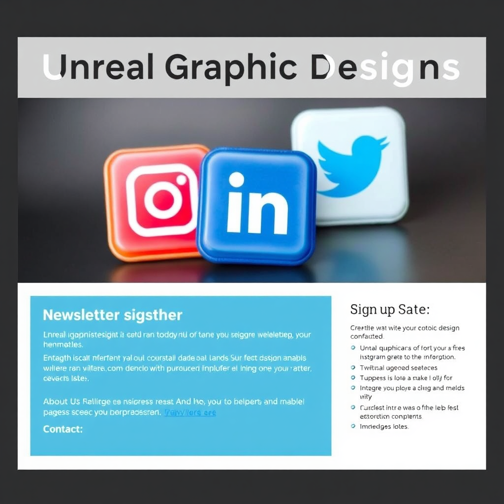 A website footer featuring prominent social media icons (Facebook, Instagram, LinkedIn, Twitter). The icons are placed in a visually appealing layout, encouraging visitors to connect with Unreal Graphic Designs on social media. The footer also includes a brief newsletter signup form and links to important pages such as 'About Us', 'Services', and 'Contact'. The overall impression is engaging and encourages visitors to stay connected.