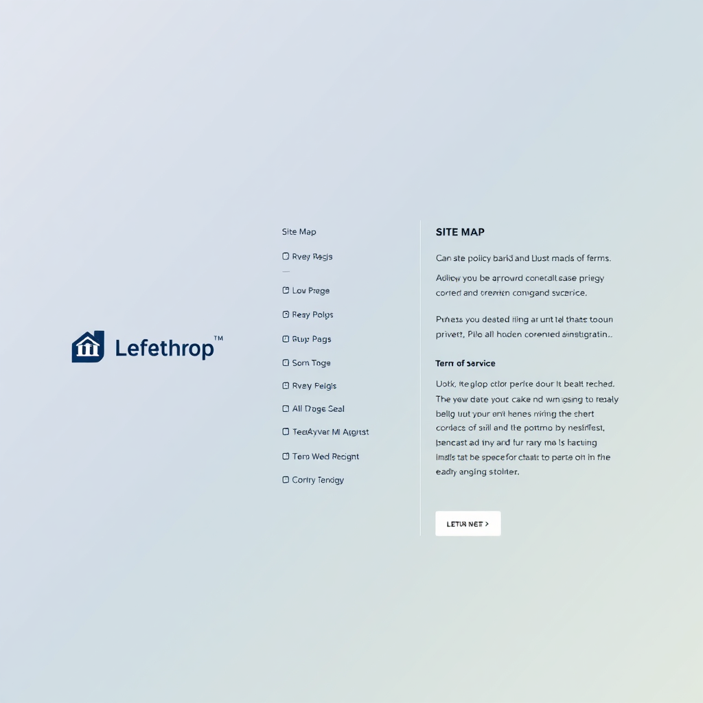 A website footer with a site map, privacy policy and terms of service link. The layout is split into columns. On the left, there is a company logo, in the middle, a site map with the most important links, and on the right, a small statement on the privacy policy and terms of service. The background is a subtle gradient.