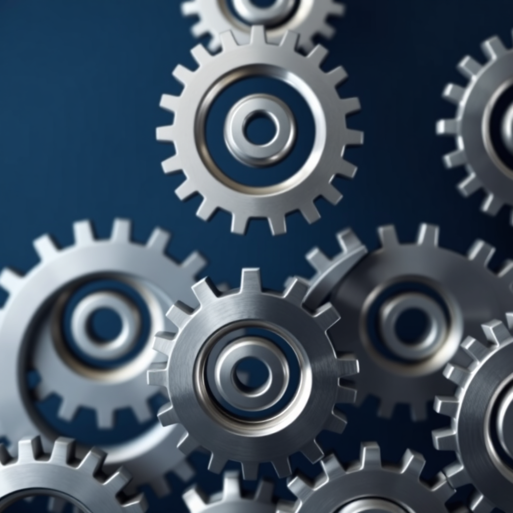 An abstract representation of quality and precision. The image features a series of interlocking gears, each perfectly aligned and polished. The gears are made of metal and have a sense of weight and solidity. The background is a deep blue, creating a sense of depth and sophistication. The overall impression is one of reliability, precision, and attention to detail.