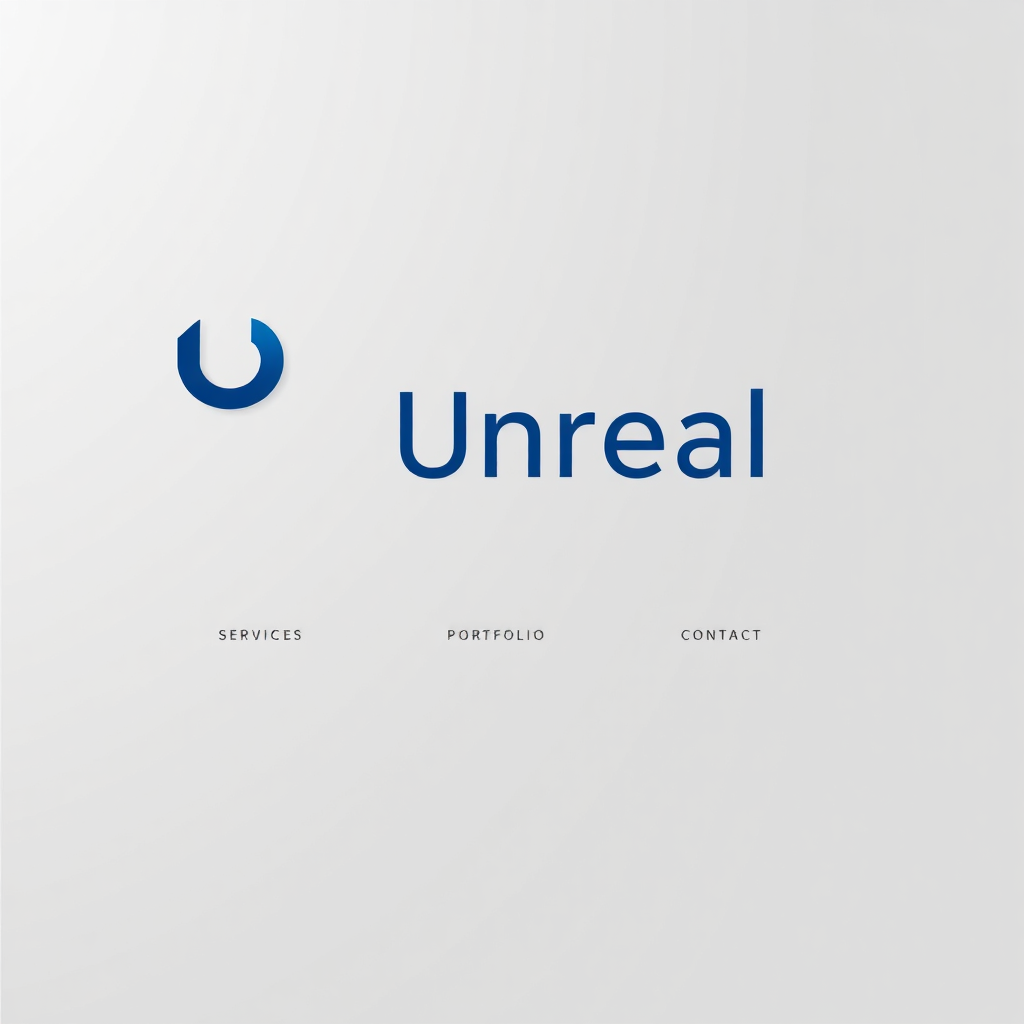 Create a minimalist website header for 'Unreal Graphic Designs'. The logo, a stylized 'UGD' intertwined, is on the left. The navigation includes 'Services', 'Portfolio', 'Photo Restoration', and 'Contact'. A subtle background gradient adds depth. The overall feel is modern and professional, with clean typography and intuitive placement of elements. The color palette uses a deep blue for the brand name and a light grey for the menu items.