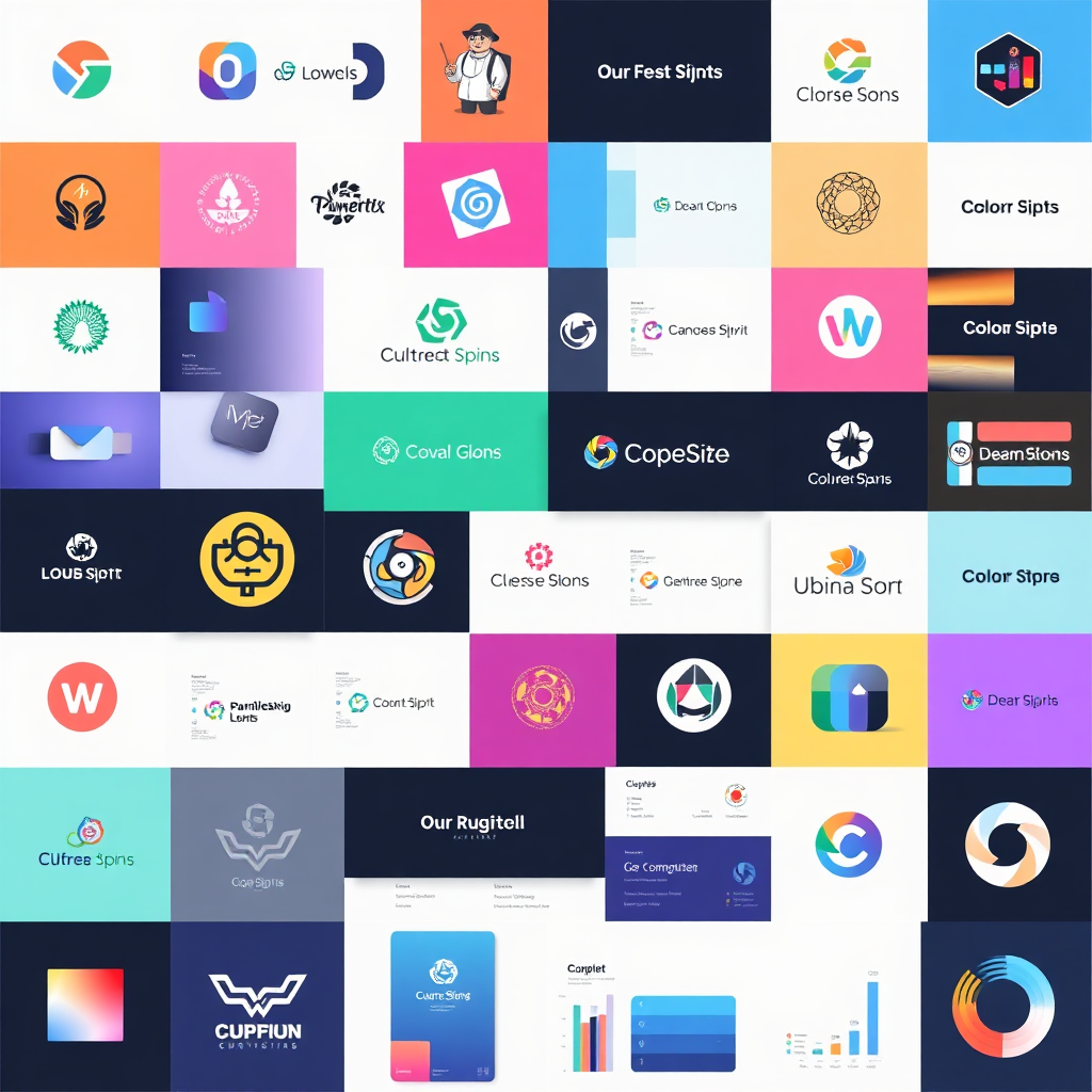 Create a mosaic of logos, color palettes, and brand materials (business cards, stationery, social media templates). The colors should be varied but harmonious, reflecting the diversity of our portfolio. Technical specs: 4K resolution, clean and organized presentation.