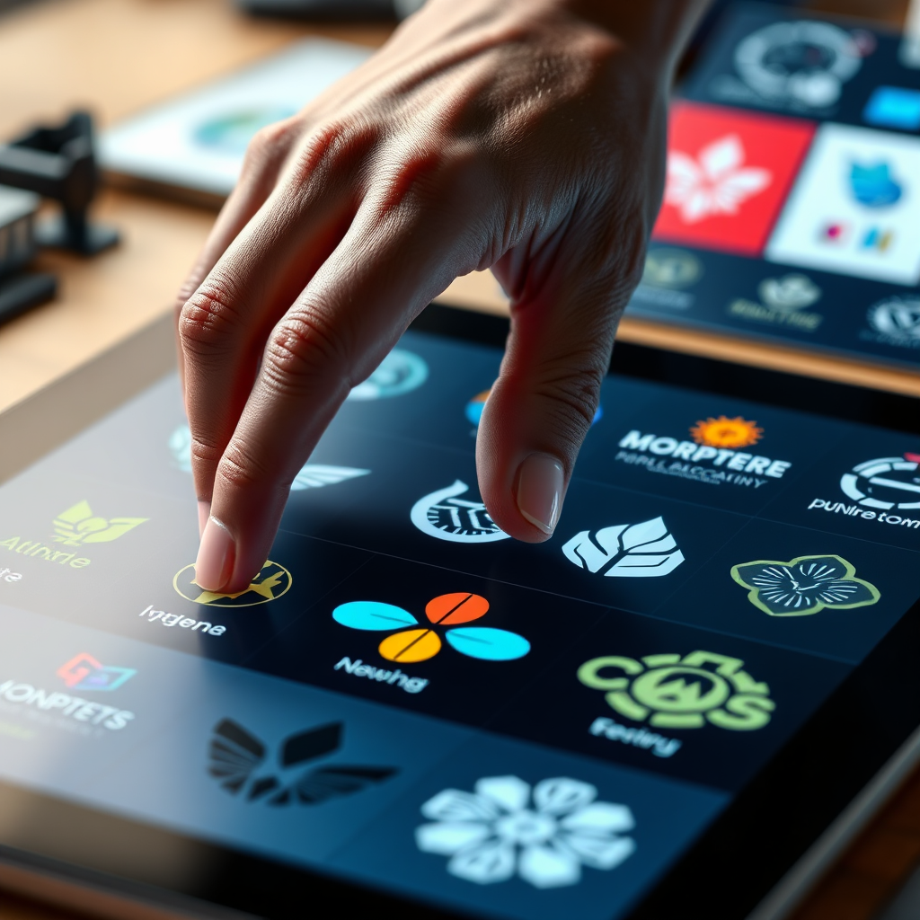 Create a photorealistic close-up shot of various logo designs in progress. The logos should be displayed on a digital tablet, with the designer's hand hovering above, making small adjustments. The lighting should be focused and sharp, highlighting the intricacies of each design. The color palette should be diverse, reflecting the variety of logo styles. Include elements like vector graphics and design software interfaces in the background. Capture the dedication and precision involved in logo creation. Technical specs: 4K resolution, photorealistic rendering.