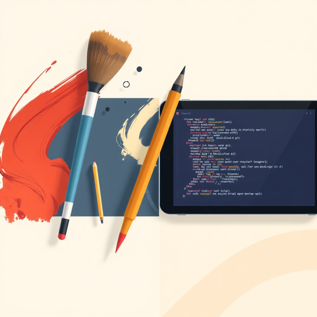 Create a stylized image representing a combination of artistic elements (brushes, pencils, abstract shapes) and digital tools (tablets, screens with code). The image should convey a sense of balance and harmony between traditional art and modern technology. Technical specs: 4K resolution, stylized rendering.