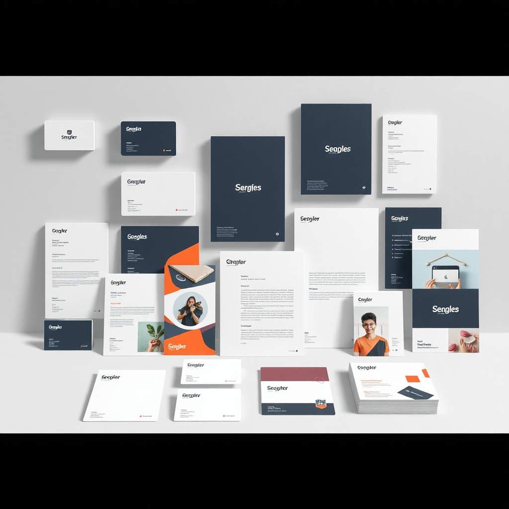 Create a visually appealing image showcasing a range of branded materials, including business cards, letterheads, brochures, and social media templates. The materials should be arranged in a clean and organized composition, with consistent branding elements across all items. The color palette should be harmonious and reflective of a specific brand identity. The lighting should be soft and diffused, highlighting the quality of the materials. The background should be a minimalist, neutral backdrop. The overall impression should be professional and sophisticated. Technical specs: 4K resolution, photorealistic rendering.