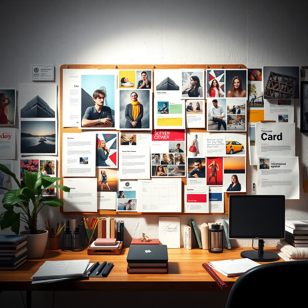 Create an image that illustrates the creative process behind graphic and web design. This could feature a mood board with various images, color swatches, and typography samples, along with sketches and digital mockups. The lighting should be bright and inspiring, showcasing the energy and passion that goes into each project. Technical specs: 4K resolution, high-quality rendering.