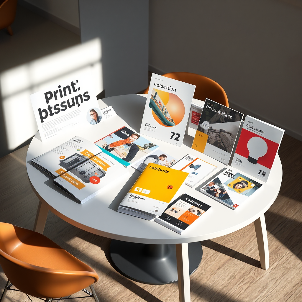Depict a range of print design projects (brochures, posters, business cards) arranged on a clean, modern table. The projects should be visually appealing and showcase a variety of styles and formats. Technical specs: 4K resolution, photorealistic rendering.