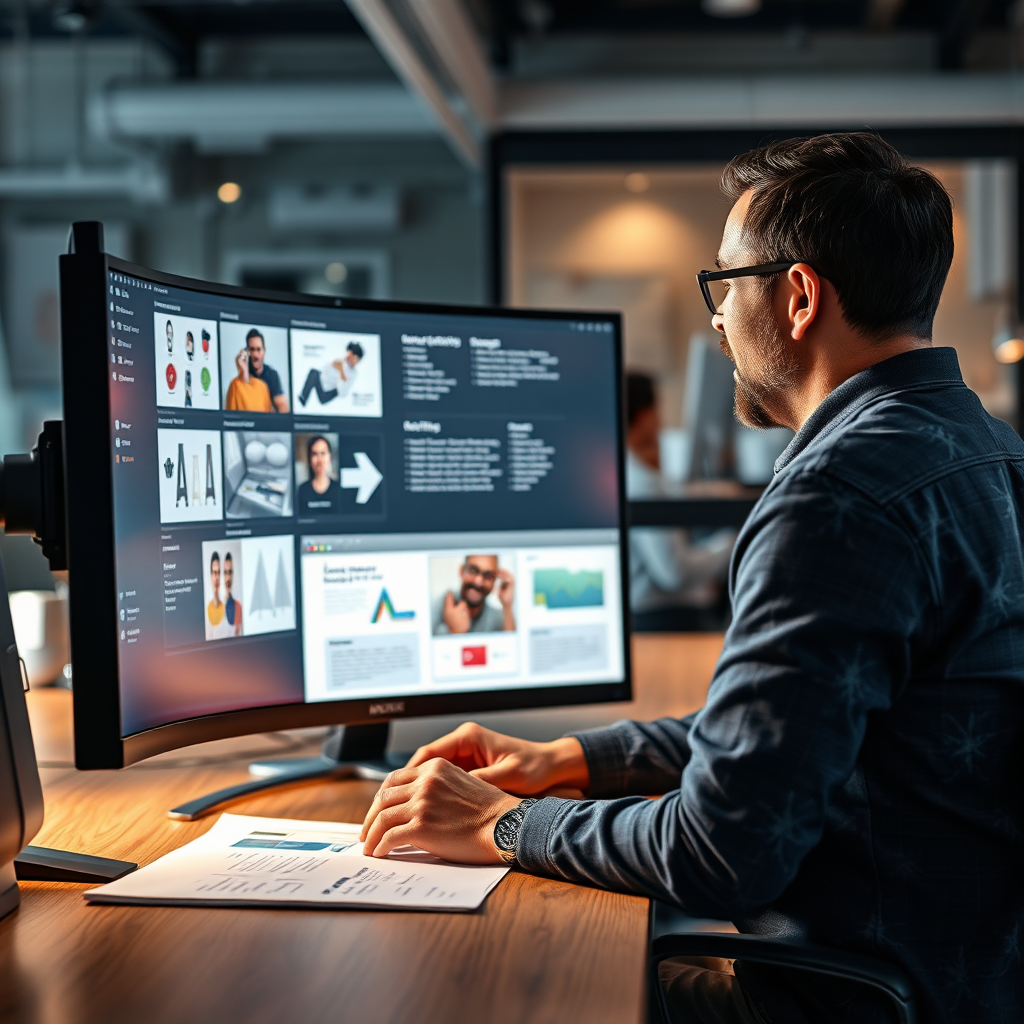 Depict a scene of a designer working closely with a client, reviewing design concepts on a large monitor. The atmosphere should be collaborative and friendly, with both individuals engaged in the creative process. Focus on clear communication and mutual understanding. Technical specs: 4K resolution, photorealistic style.