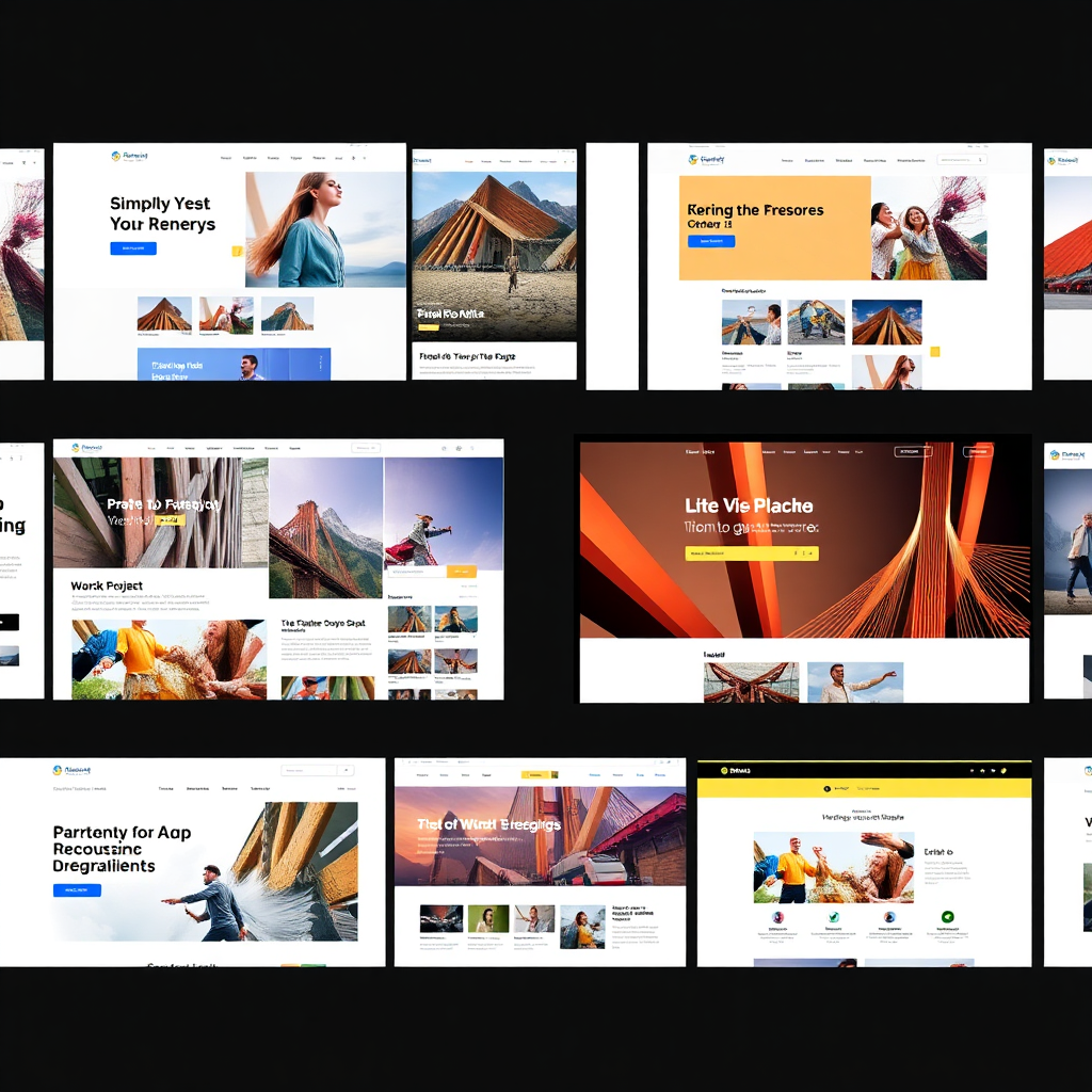 Showcase a gallery of websites with different themes, industries, and layouts. The images should be vibrant, engaging, and responsive on various devices. Focus on highlighting the unique aspects of each project. Technical specs: 4K resolution, photorealistic style.