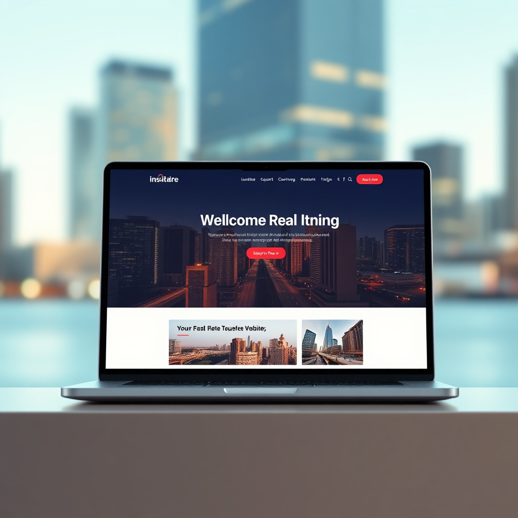 Showcase a sleek, modern website design displayed on a laptop screen, with a blurred background featuring a vibrant cityscape. The website should be responsive and visually appealing. Technical specs: 4K resolution.