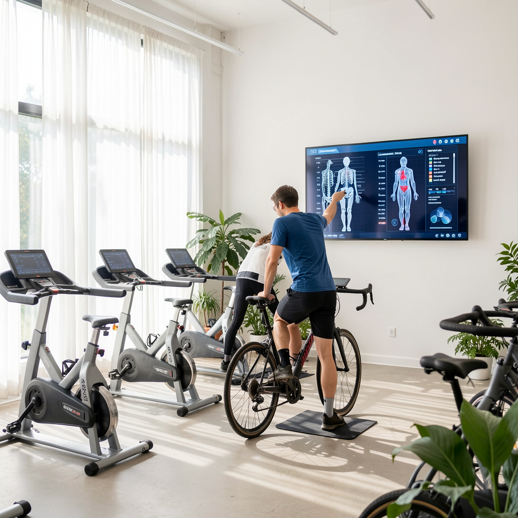 Bright cycling studio with fitter showing biomechanical data to cyclist