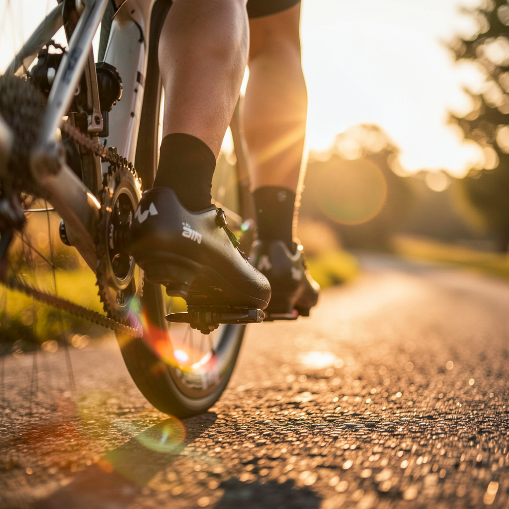 Close-up of cycling shoes clipped into pedals with cleat position detail