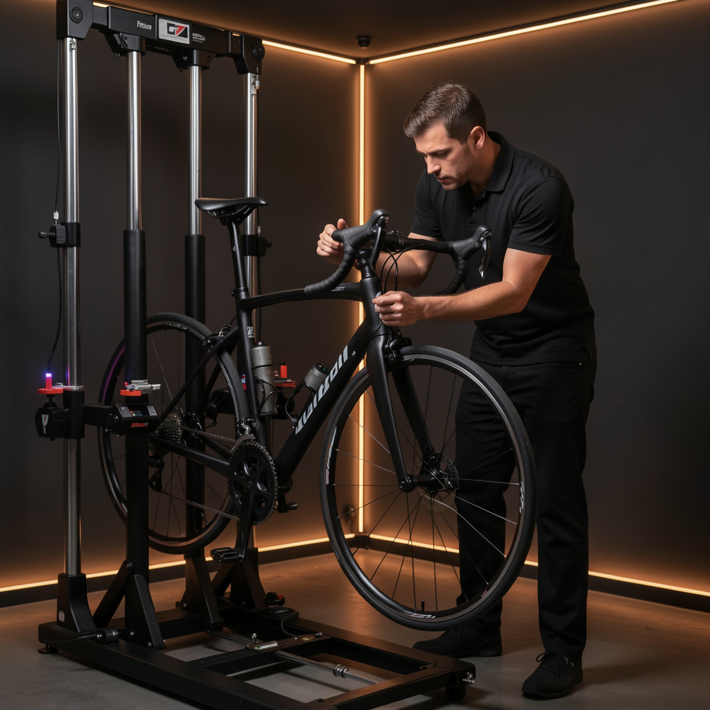 Bike fitter adjusting handlebar position on a mounted road bike