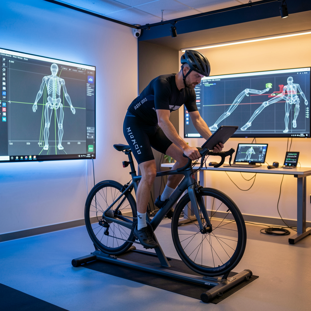 Fitter analyzing cyclist position with motion capture technology