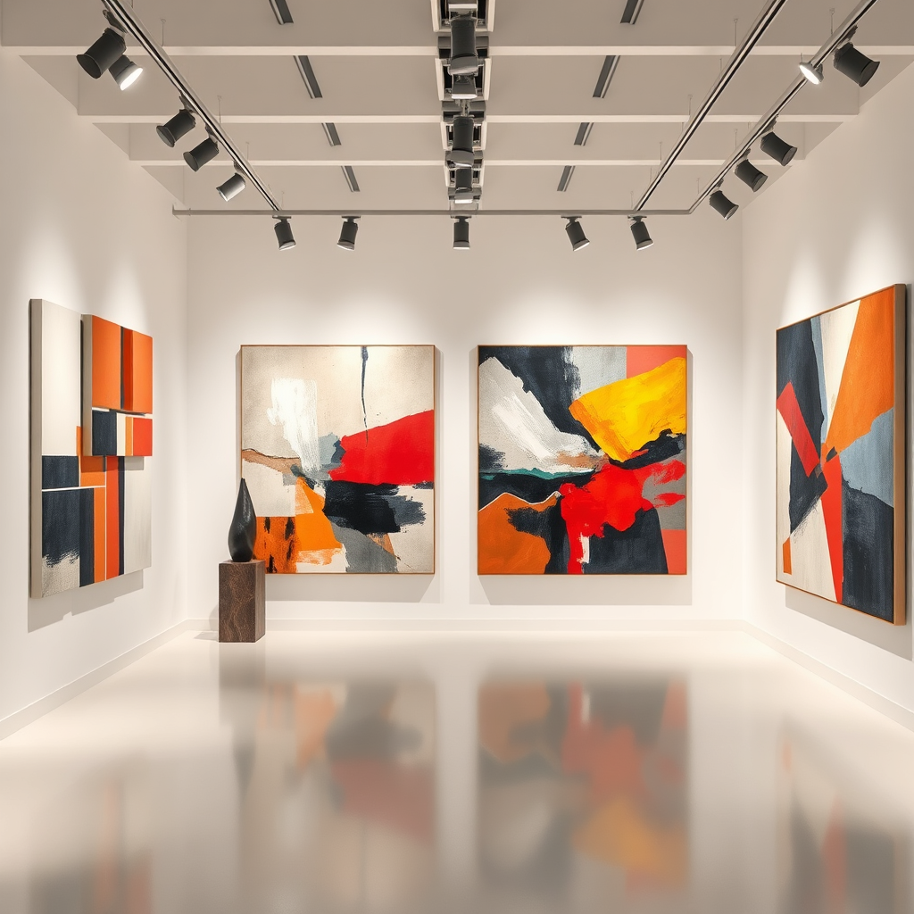 Create a photorealistic image capturing modern art's transformative spirit. The composition shows a dynamic gallery space featuring contrasting modern art styles - geometric abstract paintings beside fluid expressionist works. Track lighting creates dramatic spotlights and shadows across the white walls. The color palette combines bold primary colors with subtle neutrals and metallic accents. Use an asymmetrical camera angle to emphasize the visual tension between different modern styles. Include texture details like thick impasto brushstrokes, smooth minimalist surfaces, and mixed media elements. The environment features clean architectural lines with strategically placed contemporary sculptures. Style references include contemporary gallery photography with emphasis on visual impact and artistic dialogue.