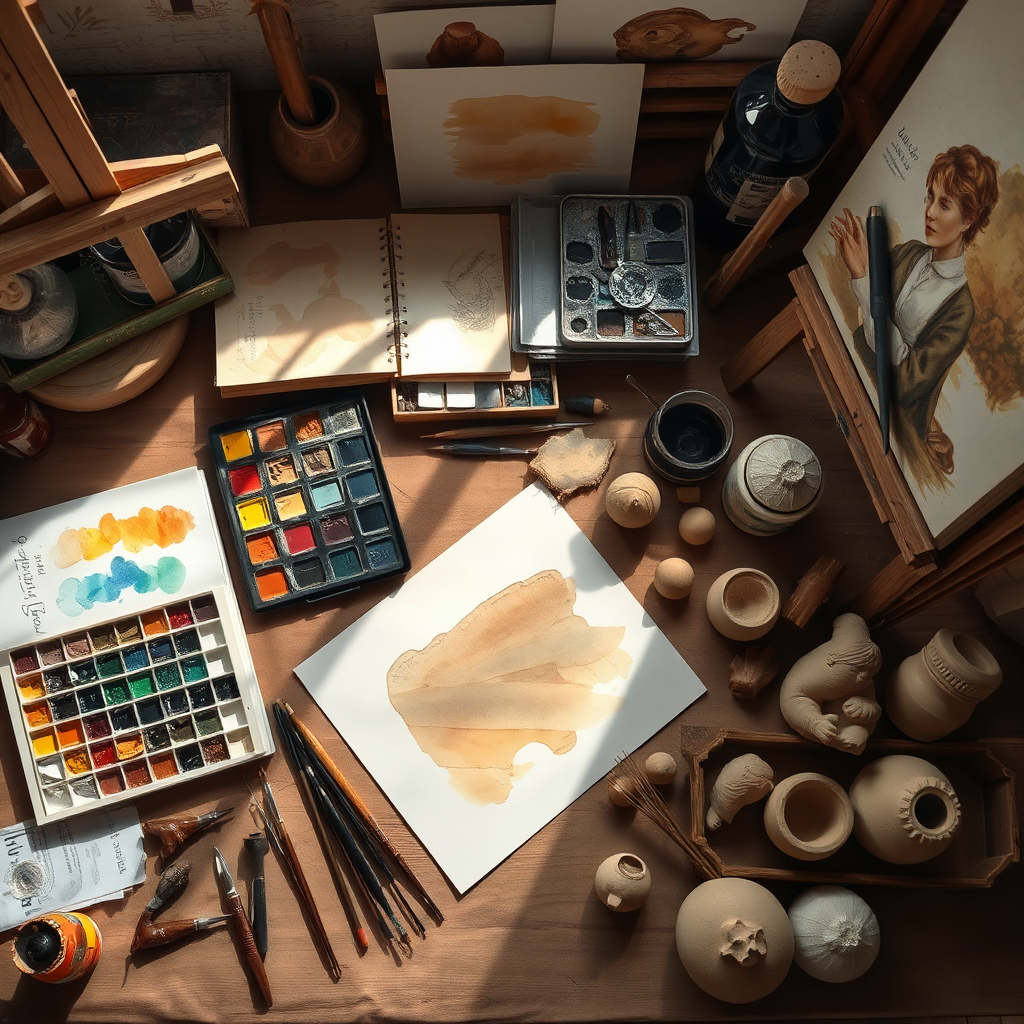 Create a photorealistic image showcasing traditional art mediums. The composition displays a well-organized artist's workstation with oil paints in progress, watercolor sets, and sculpting tools arranged methodically. Soft north light illuminates the workspace, revealing subtle color variations and material textures. The color palette features rich oil paint hues, transparent watercolor washes, and earthy clay tones. Use a top-down camera angle to showcase the variety of materials and tools. Capture texture details like thick oil paint on palettes, delicate watercolor paper grain, and sculpting clay impressions. The environment includes wooden easels, glass containers with turpentine, and finished traditional artworks. Style references include professional artist studio documentation with authentic material representation.