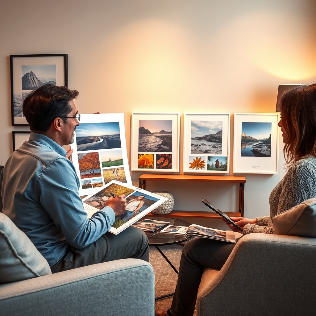 Create a photorealistic image representing personalized art selection. The composition shows an art consultant discussing options with a client using large format prints and digital presentations in a comfortable consultation area. Warm, professional lighting creates an inviting atmosphere for decision-making. The color palette includes neutral professional tones with artwork samples providing visual excitement and variety. Use a medium shot camera angle capturing the consultation dynamic and artwork evaluation process. Include texture details like smooth presentation materials, fabric samples, and various print surfaces. The environment features professional consultation tools, measurement devices, and lifestyle context images. Style references include professional service photography emphasizing trust, expertise, and personalized attention.
