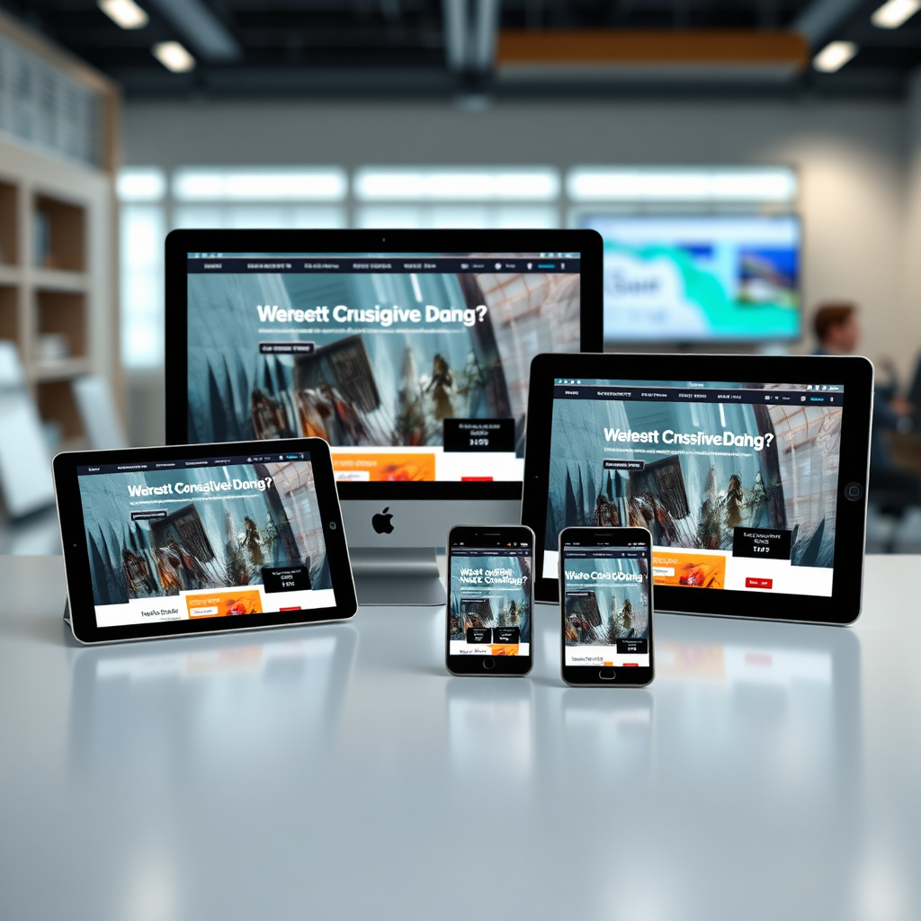  Create a photorealistic image showing multiple devices (desktop, tablet, smartphone) displaying the same website perfectly adapted to each screen size. The composition arranges the devices in an elegant diagonal formation on a clean, minimalist surface. Lighting is soft and even, highlighting the screen content and device details without glare. Color palette features the website's consistent branding colors across all devices. Camera angle is slightly elevated to showcase the responsive design harmony. Include subtle visual elements like loading speed indicators and performance metrics floating around the devices. Environment is a professional studio setting with blurred background elements suggesting technical workspace. Style should emphasize the technical precision of responsive design while maintaining aesthetic appeal.