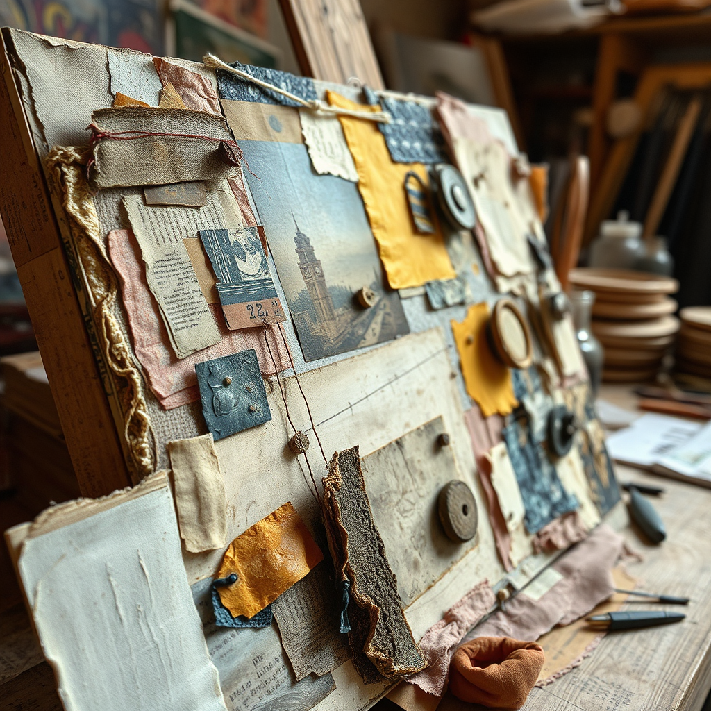 Create a photorealistic image depicting mixed media artistry. The composition features an intricate mixed media artwork in progress, combining acrylic painting, photographic transfers, fabric collage, and found objects. Natural side lighting reveals the dimensional quality and varied surface treatments. The color palette includes harmonious combinations of painted areas, printed elements, and textured materials. Use a close-up camera angle emphasizing the layered composition and material diversity. Capture texture details like rough collage edges, smooth painted surfaces, fabric weaves, and embedded objects. The environment shows various material sources and tools scattered around the workspace. Style references include contemporary art documentation focusing on material experimentation and tactile qualities.