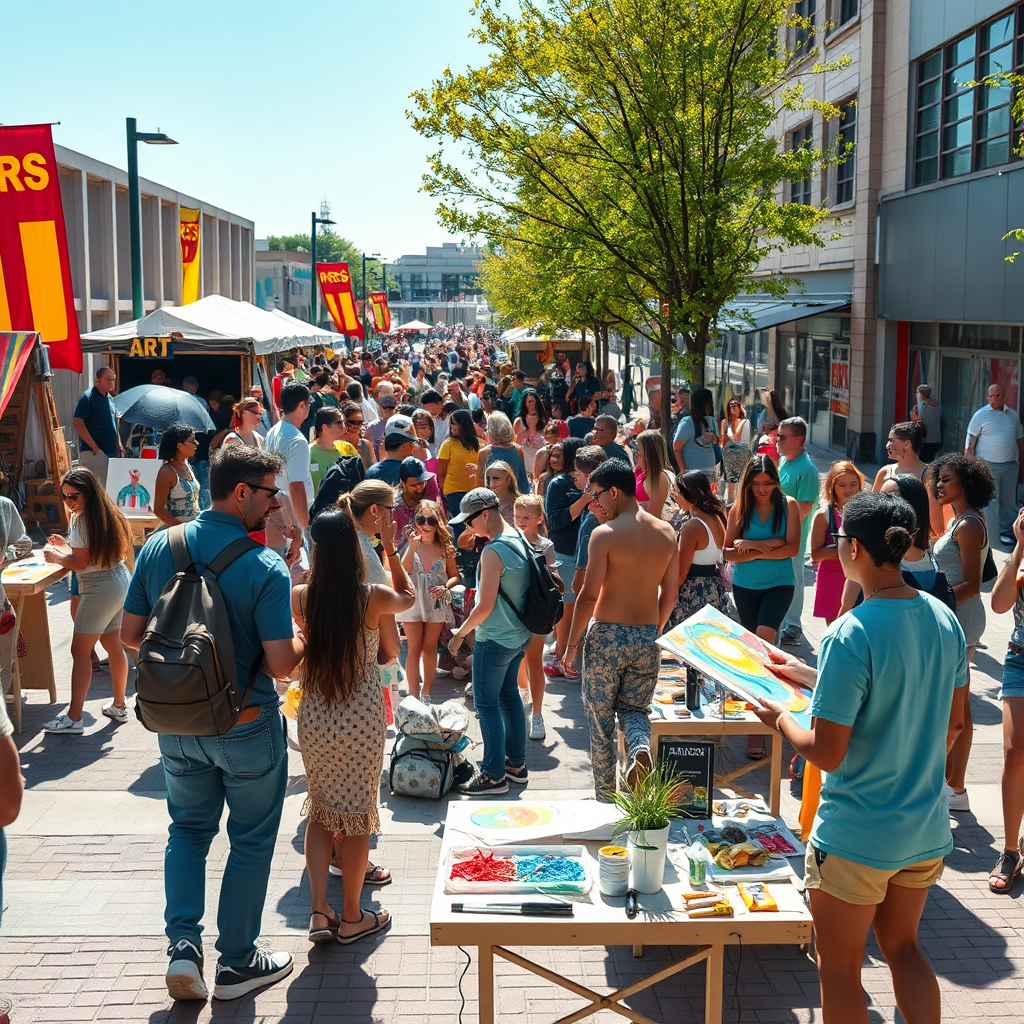 Create a photorealistic image showcasing art's community role. The composition depicts a vibrant public art event with people of all ages creating collaborative artwork in a sunny plaza. Bright natural sunlight creates lively shadows and highlights the joyful atmosphere. The color palette features cheerful primary colors, natural greens, and diverse skin tones in harmonious combination. Use an elevated camera angle capturing the scale of community participation and artistic collaboration. Include texture details like rough pavement surfaces, smooth art materials, fabric banners, and natural elements. The environment includes temporary art stations, food vendors, and performance areas. Style references include community event photography emphasizing inclusivity, creativity, and social interaction through art.