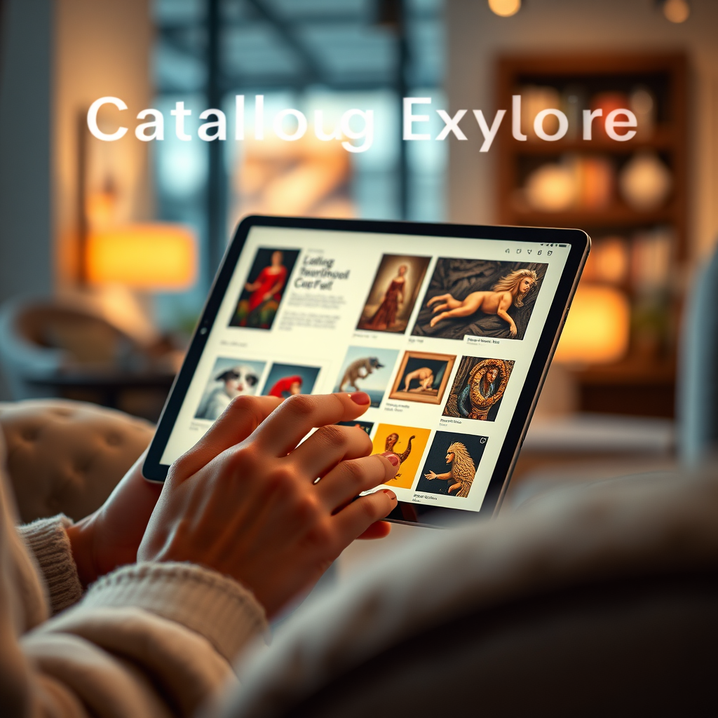 Create a photorealistic image inviting catalog exploration. The composition shows an elegantly designed digital catalog interface on a tablet, displaying high-quality artwork images with detailed descriptions. Soft ambient lighting creates a comfortable viewing experience, with the screen glow illuminating the user's hands. The color palette features sophisticated interface design with artwork thumbnails providing vibrant color accents. Use a close-up camera angle focusing on the catalog interface and user interaction. Include texture details like smooth tablet glass, subtle interface elements, and visible artwork details in thumbnails. The environment includes comfortable reading nook elements like plush chairs and warm lighting. Style references include modern lifestyle photography with emphasis on digital accessibility and art discovery.