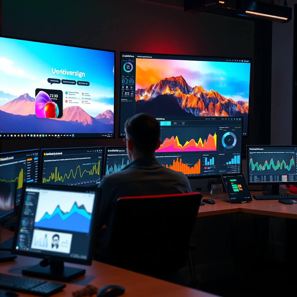 Create a stylized image representing SEO optimization in web design and hosting. The composition shows website design elements organized for optimal search visibility, connected to hosting infrastructure that ensures fast crawling and indexing. Lighting creates clear pathways showing how design and hosting work together for SEO success. Color palette uses search-friendly colors with accent highlights for important SEO elements. Camera angle provides an analytical overview of the optimization strategy. Include visual elements like search ranking indicators, crawl efficiency metrics, and visibility graphs. Environment blends creative design space with search engine analytics. Style combines technical precision with strategic visualization.