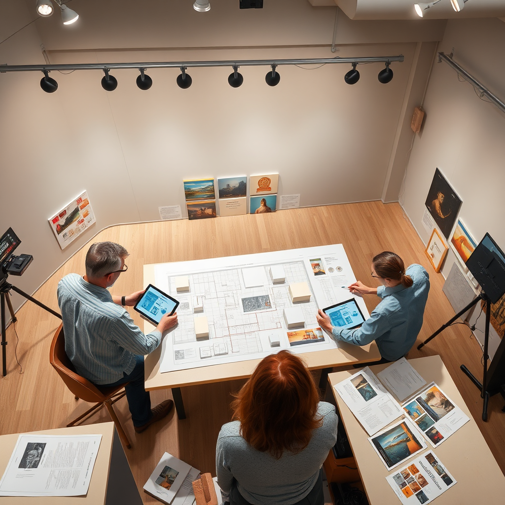 Create a photorealistic image depicting exhibition curation services. The composition shows curators planning an exhibition layout using scale models, digital plans, and artwork samples in a preparation area. Strategic lighting highlights the planning materials and creates a focused working atmosphere. The color palette includes professional neutral backgrounds with colorful artwork representations and planning materials. Use an overhead camera angle showcasing the comprehensive planning process and spatial organization. Include texture details like model surfaces, planning documents, digital interfaces, and sample artwork textures. The environment includes curation tools, lighting equipment, and exhibition design references. Style references include professional curation documentation emphasizing meticulous planning, artistic vision, and visitor experience design. Technical specs: Detailed rendering with accurate spatial relationships and professional planning tools representation.