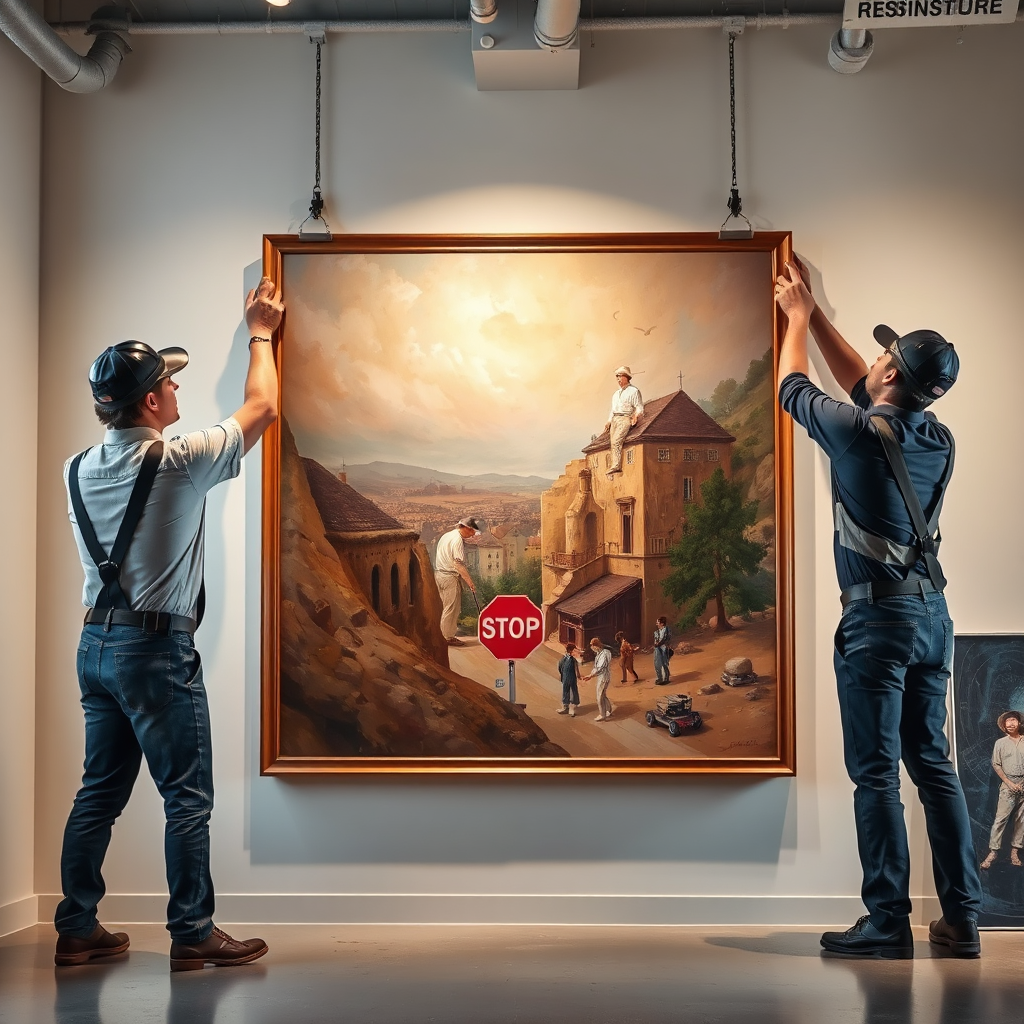 Create a photorealistic image representing professional art installation services. The composition shows skilled art handlers carefully installing a large artwork in a client's space using professional equipment and techniques. Clear, even lighting ensures visibility of the installation process and artwork details. The color palette features professional work environment tones with the artwork providing a striking visual centerpiece. Use a dynamic camera angle capturing the precision and care involved in the installation process. Include texture details like specialized handling equipment, wall surfaces, framing materials, and protective coverings. The environment includes professional installation tools, safety equipment, and completed installation examples. Style references include professional service documentation emphasizing expertise, safety protocols, and flawless presentation results. Technical specs: High-quality rendering with accurate equipment representation and professional installation techniques demonstration.