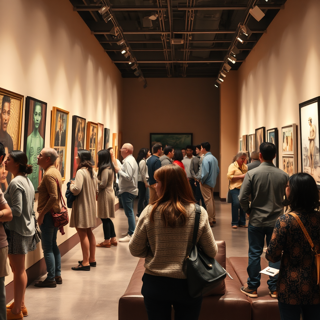 Create a photorealistic image representing art's cultural role. The composition shows a diverse group of people engaging with socially relevant artwork in a gallery setting. Soft, even lighting creates an inclusive atmosphere where artworks become conversation starters. The color palette features warm, inviting tones with artworks providing vibrant focal points. Use a wide shot camera angle capturing both the artwork and viewer interactions. Include texture details like gallery wall surfaces, reflective flooring, and varied clothing textures of engaged visitors. The environment includes comfortable seating areas and informational displays encouraging dialogue. Style references include documentary-style cultural event photography with authentic human interactions and emotional connections to art.