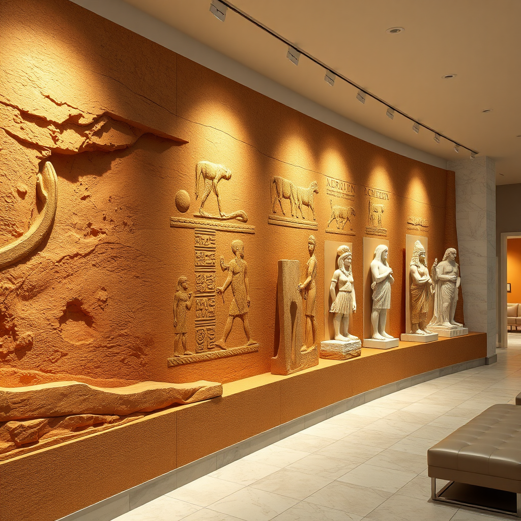 Create a photorealistic image depicting the evolution of ancient art. The composition shows a timeline wall display with high-quality replicas of prehistoric cave paintings transitioning into Egyptian hieroglyphics and classical Greek sculptures. Soft museum lighting illuminates the artifacts, creating a warm, educational atmosphere. The color palette features earthy ochres, sandstone tones, and marble whites. Use a panoramic camera angle to capture the progression. Include texture details like rough cave wall surfaces, smooth papyrus, and polished marble. The environment resembles a museum education center with informational plaques and comfortable viewing spaces. Style references include historical documentary photography with accurate artifact representation.