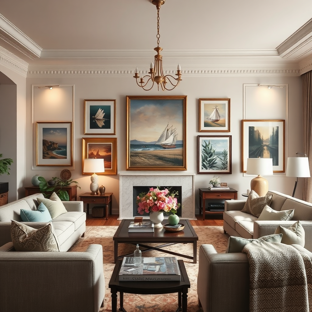 Create a stylized photorealistic image encouraging collection development. The composition displays a beautifully arranged personal art collection in an elegant home setting, showing how acquired pieces enhance living spaces. Soft, layered lighting creates depth and highlights each artwork's unique qualities. The color palette features harmonious interior design tones with artworks providing focal points and personality. Use a wide establishing shot showing the integrated relationship between art and living environment. Include texture details like wall surfaces, framing materials, furniture fabrics, and artwork textures. The environment includes tasteful interior design elements that complement the art collection. Style references include luxury lifestyle photography emphasizing art integration, collection curation, and enhanced living experiences.