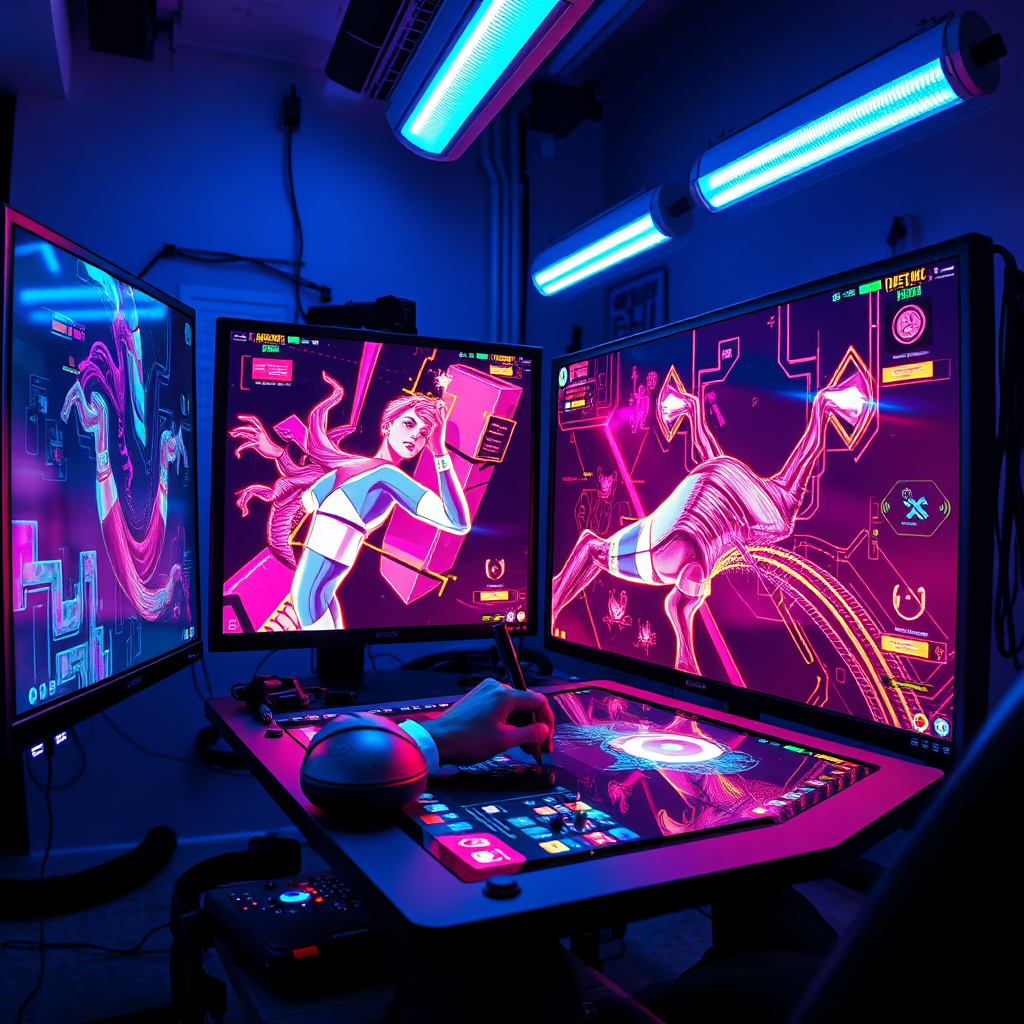 Create a stylized photorealistic image representing digital art creation. The composition shows an artist working on a large graphic tablet with vibrant digital artwork displayed on multiple screens. Cool blue LED lighting contrasts with warm screen glows, creating a futuristic atmosphere. The color palette includes electric blues, neon pinks, and deep blacks with bright interface elements. Use a dynamic camera angle showing both the artist's focused expression and the evolving digital canvas. Include texture details like smooth tablet surfaces, glowing pixels, and reflective screen glass. The environment features modern tech accessories, cable management, and digital art references. Style references include tech-forward creative workspace photography with emphasis on digital workflow.