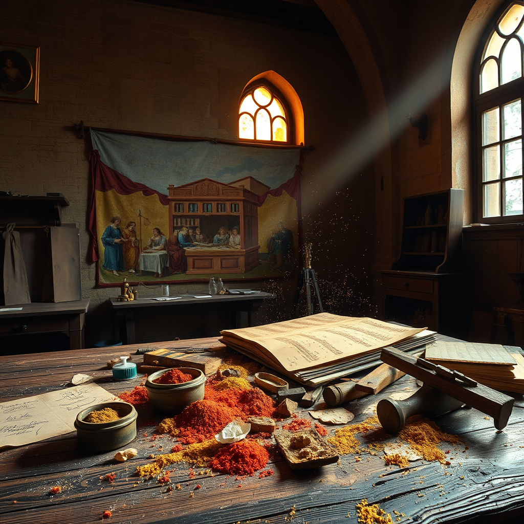 Create a stylized photorealistic image representing Renaissance artistry. The composition features a recreated Renaissance studio with an unfinished fresco on the wall and various pigments scattered on a wooden worktable. Golden hour light streams through arched windows, highlighting dust particles in the air. The color palette includes rich ultramarine blues, vermilion reds, and gold leaf accents. Use a medium shot camera angle focusing on the artistic tools and materials. Capture texture details like rough plaster surfaces, finely ground pigments, and aged parchment sketches. The environment includes classical architecture elements and Renaissance-era art supplies. Style references include period-accurate studio recreation with dramatic chiaroscuro lighting effects.