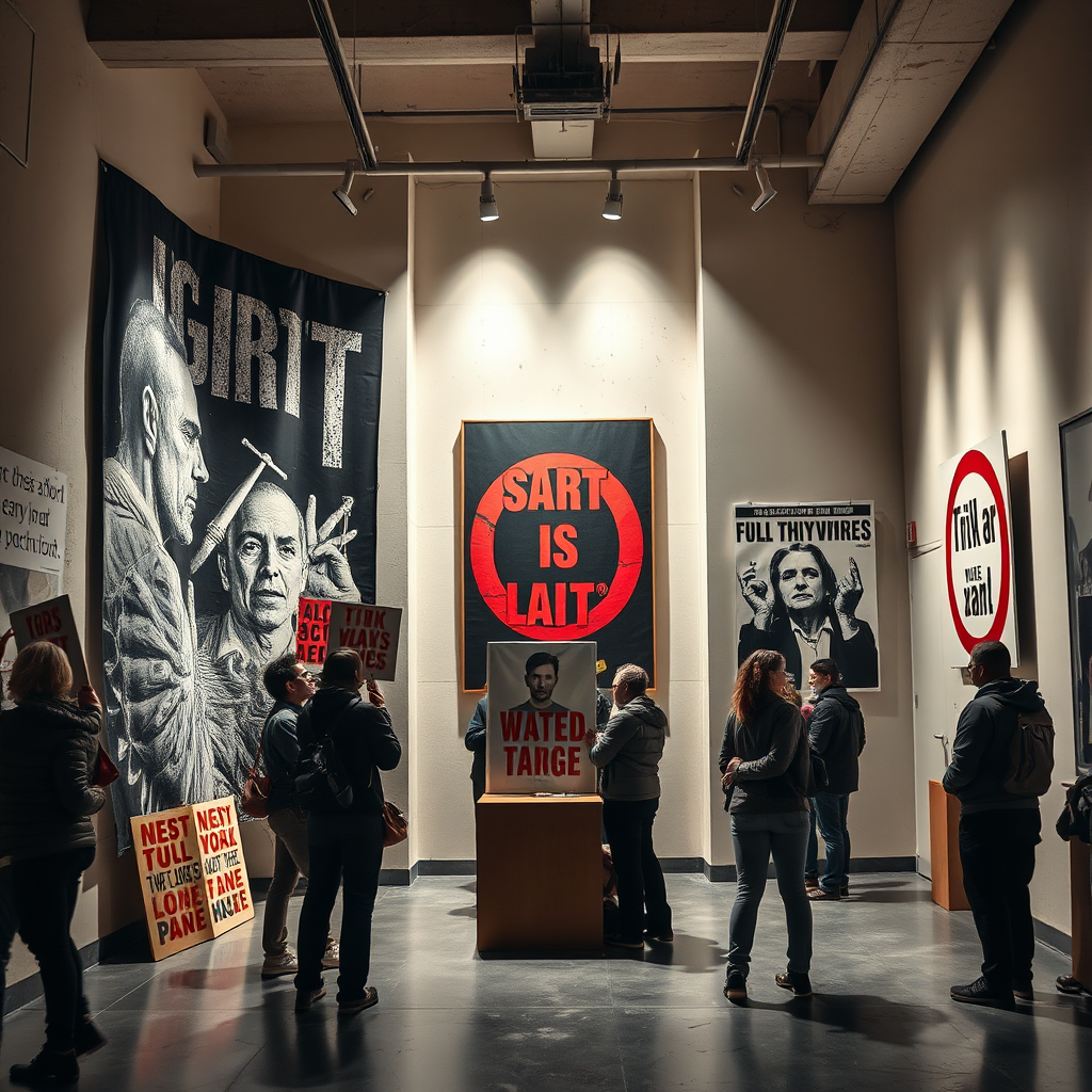 Create a stylized photorealistic image depicting art as social commentary. The composition features powerful protest art and socially engaged installations in an urban gallery space. Dramatic directional lighting emphasizes the emotional intensity and message of each work. The color palette includes bold, contrasting colors with symbolic elements in black, white, and red. Use an immersive camera angle that places the viewer within the dialogue between artworks. Include texture details like rough protest signage, smooth activist posters, and textured installation materials. The environment features urban architectural elements and community gathering spaces. Style references include social documentary photography with emphasis on artistic activism and public engagement.