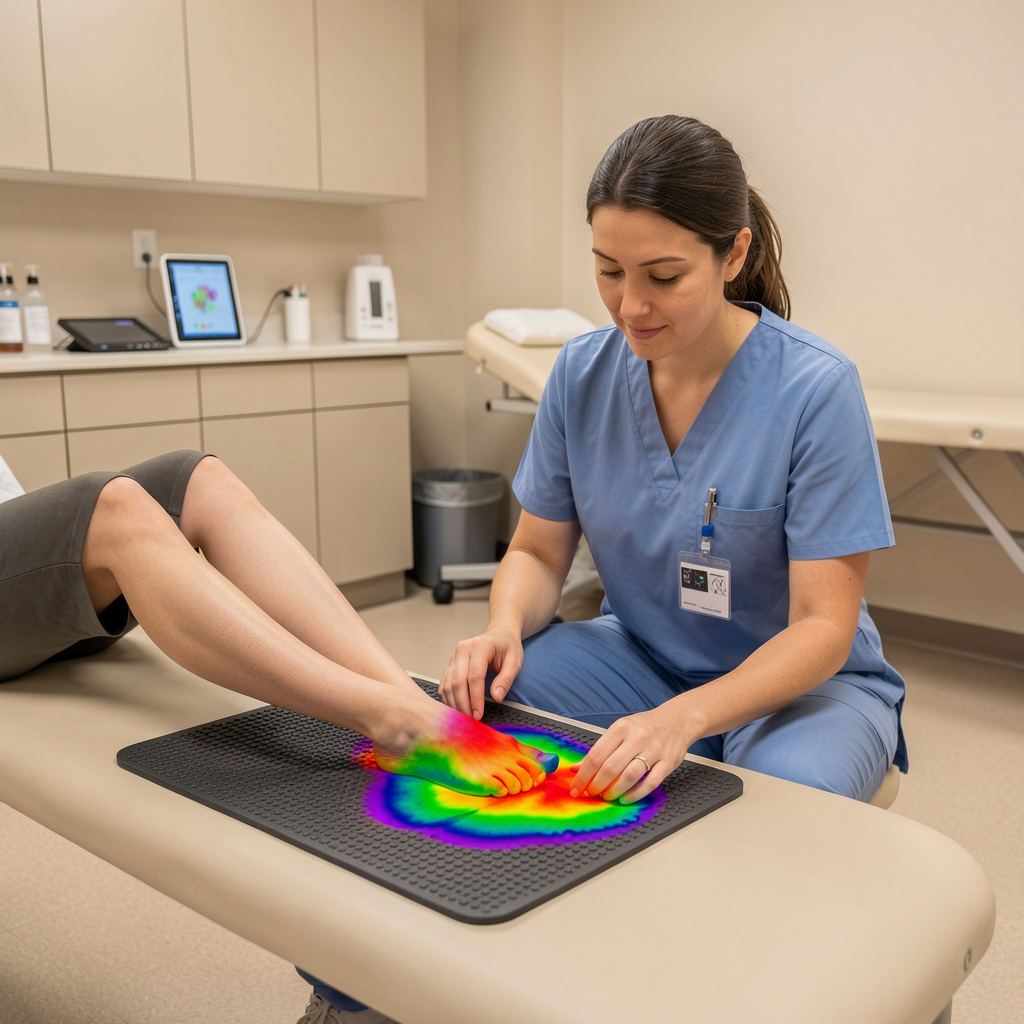 Physiotherapist assessing foot pressure in rehabilitation
