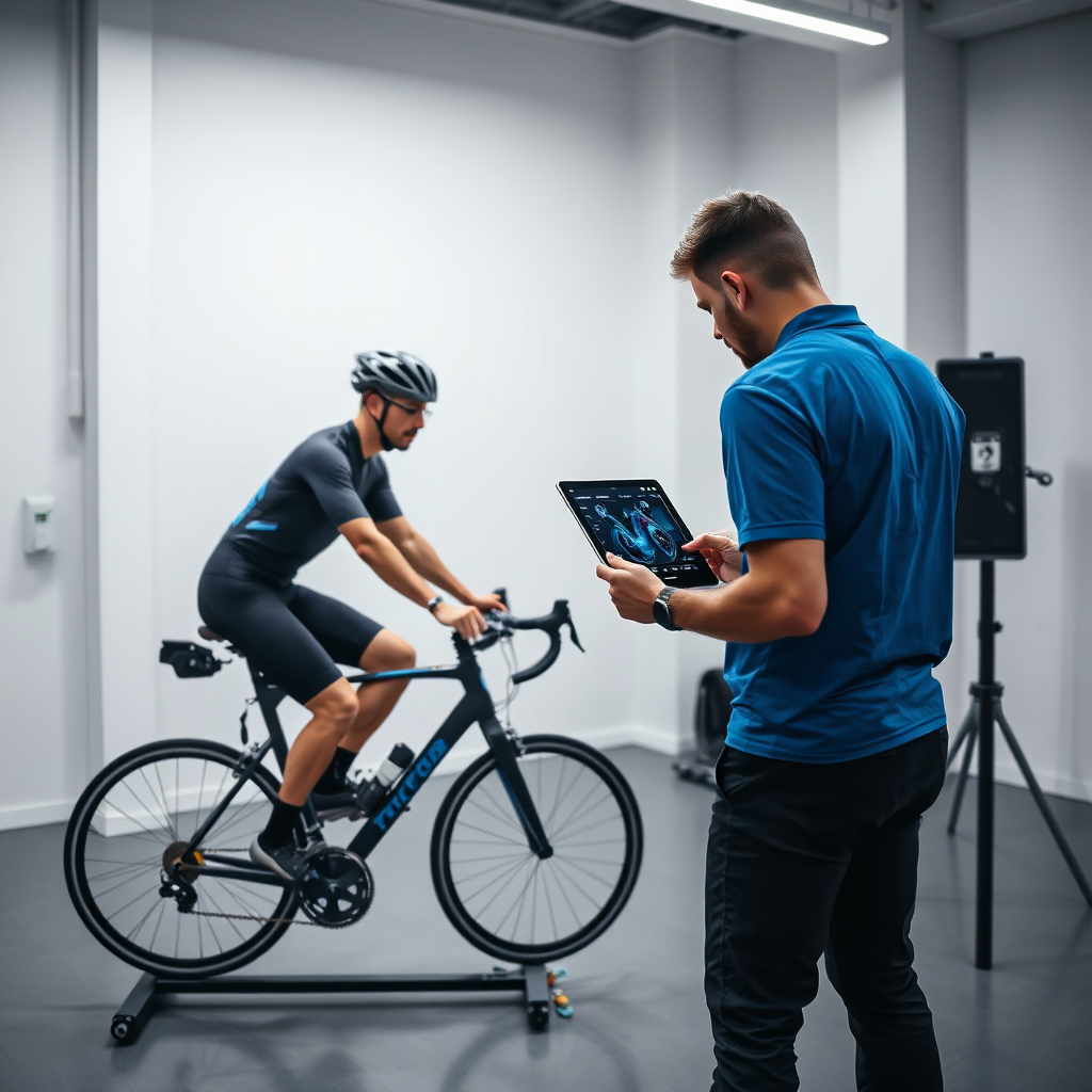 Professional bike fitting session with pressure mapping visualization