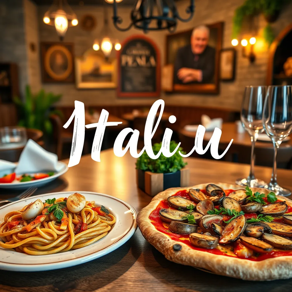 A beautifully laid out Italian restaurant menu with handwritten font, featuring a variety of dishes like pasta with seafood, pizza with mushrooms and prosciutto, and grilled vegetables. The background is a rustic Italian restaurant setting with warm lighting.