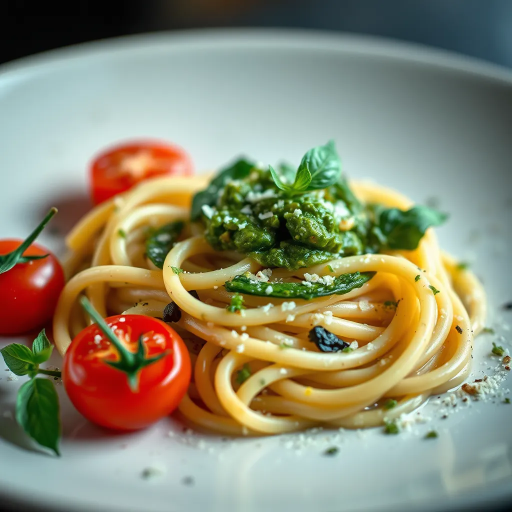 A beautifully plated Italian dish, such as pasta with pesto and cherry tomatoes, showcasing the balance of flavors and textures. The image should capture the vibrant colors and aromas of the dish, highlighting the elegance and sophistication of Italian cuisine.