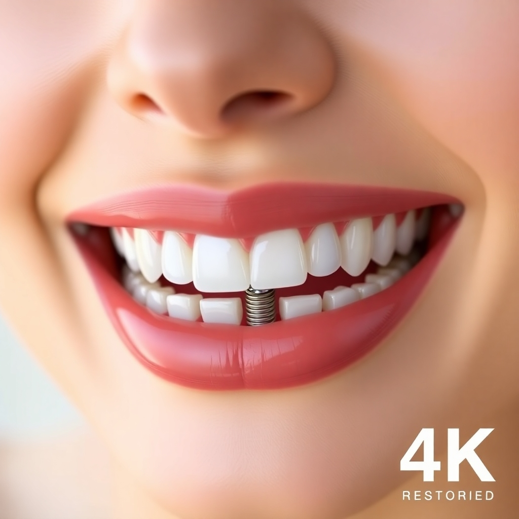 A beautifully restored smile showcasing natural-looking dental implants. The lighting is soft and flattering, emphasizing the aesthetic appeal of the restoration. Use a warm color palette with hints of gold and white. 4K resolution, high-quality rendering.