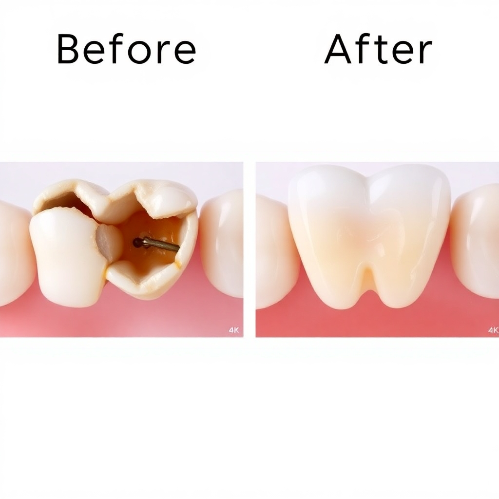 A before-and-after image showcasing the successful restoration of a damaged tooth with a dental crown. Highlight the seamless integration and natural appearance of the crown. 4K resolution, photorealistic.