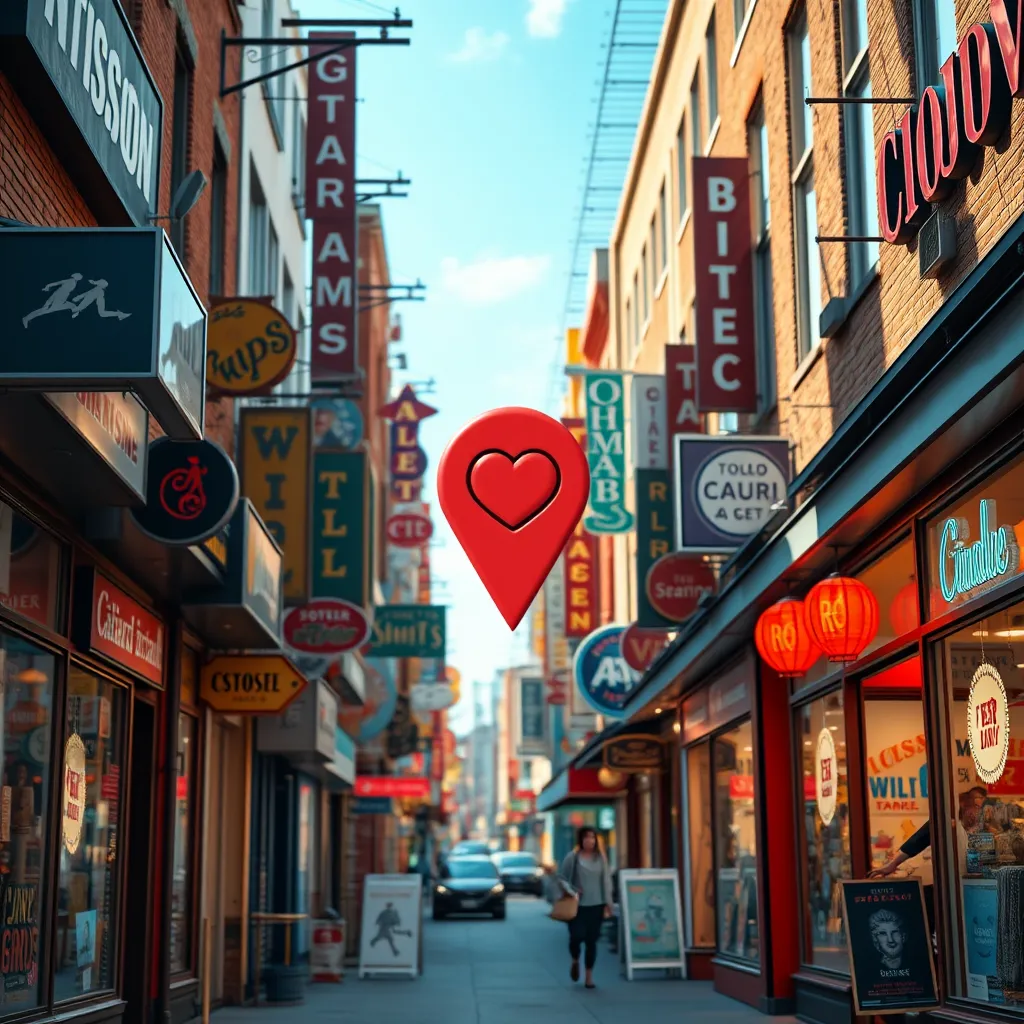 A bustling street scene with diverse storefronts, each with unique signage and displays.  The image should be vibrant and inviting, highlighting the variety of businesses available. A map pin with a heart symbol should be placed over a specific storefront, indicating a hidden gem.