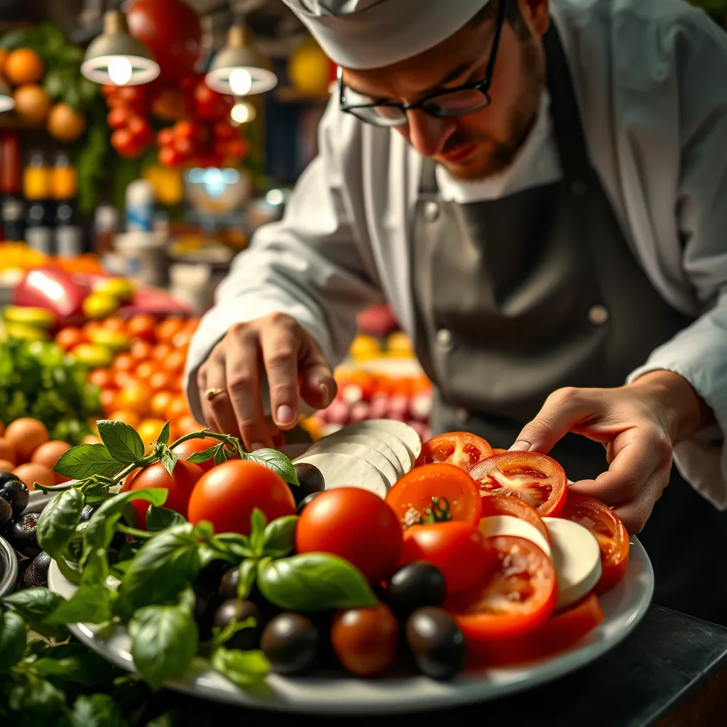 A chef carefully arranging a plate of fresh, seasonal Italian ingredients - ripe tomatoes, basil leaves, olives, and slices of fresh mozzarella. The background is a vibrant Italian market with colorful produce and bustling activity.