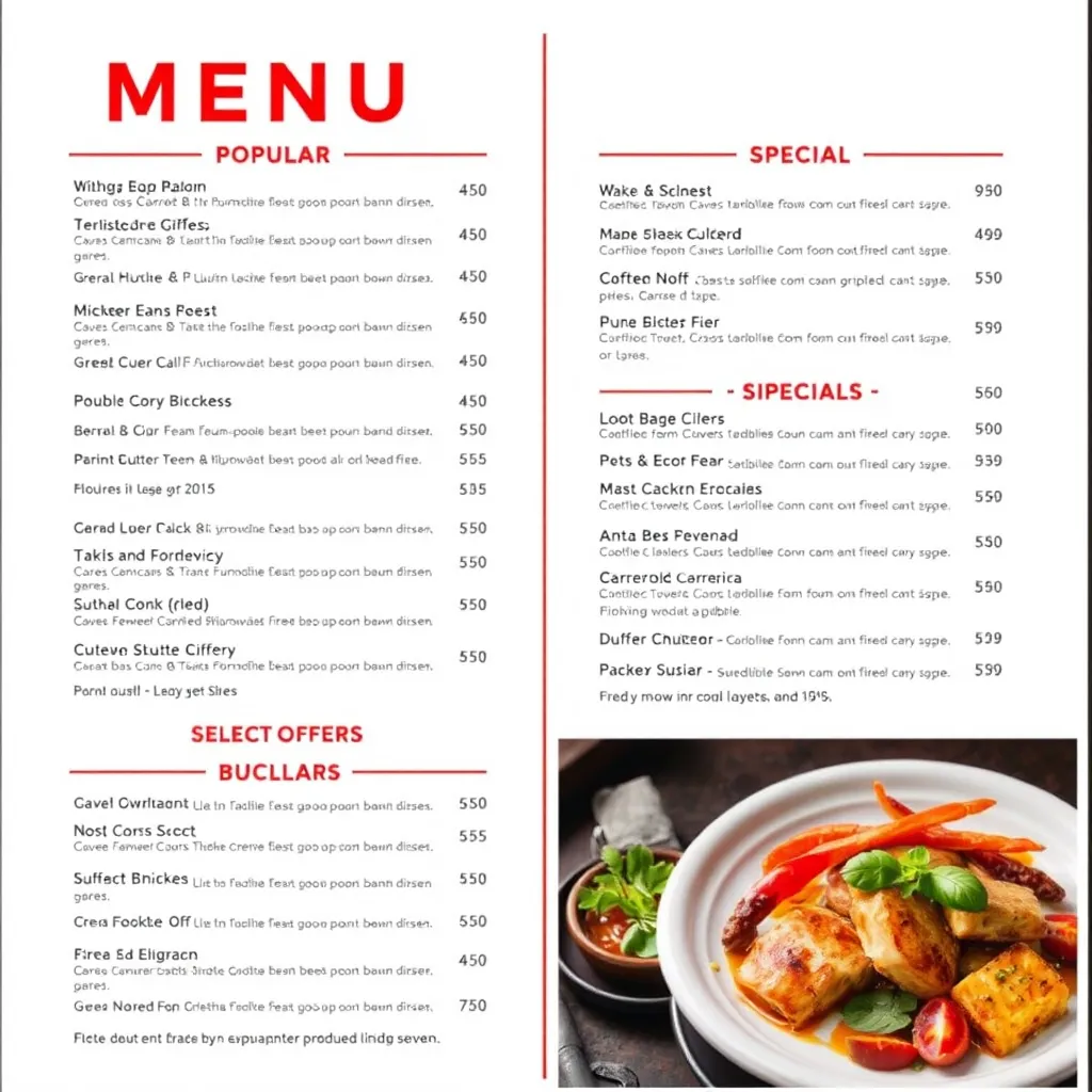 A clean and modern menu design with a clear hierarchy of information. The menu should be divided into sections using bold headings and subheadings, highlighting popular items and special offers. The layout should be easy to navigate and visually appealing, with high-quality images of select dishes.
