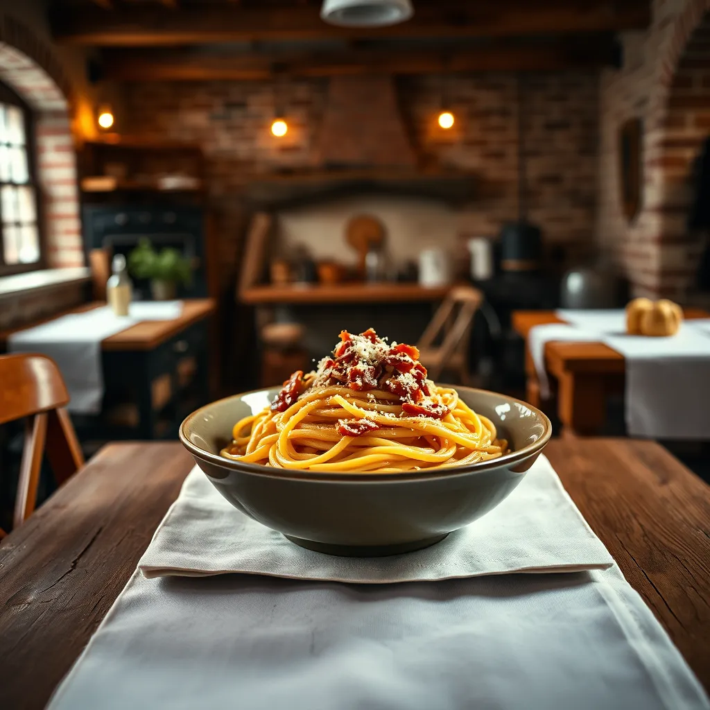 A close-up, high-angle shot of a rustic wooden table set with a white tablecloth. Centered on the table is a steaming bowl of spaghetti carbonara with a rich, creamy sauce and crispy pancetta. The pasta is artfully arranged with a sprinkle of grated Parmesan cheese. The background is a warm, inviting kitchen with exposed brick walls and wooden beams. The lighting is soft and diffused, casting a warm glow on the scene. The image should be captured in 8K resolution with hyperrealistic detail, emphasizing the textures of the pasta, sauce, and cheese. The overall mood is one of comfort, warmth, and authentic Italian cuisine.