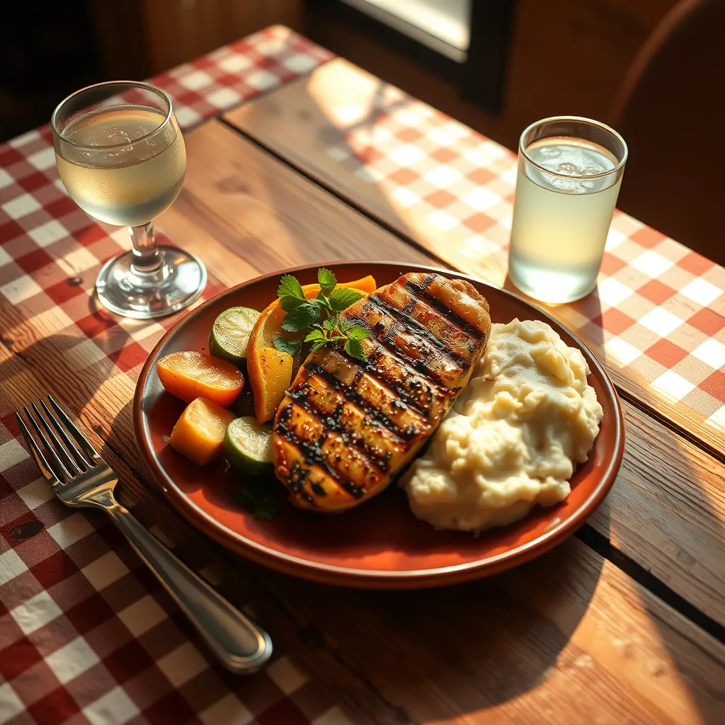 A close-up, high-angle shot of a rustic wooden table set with a checkered tablecloth. A vibrant plate features a juicy grilled chicken breast with roasted vegetables and a side of creamy mashed potatoes. A glass of chilled lemonade sits beside the plate, and a few fresh herbs are scattered on the table for a touch of greenery.  The scene is bathed in warm, natural sunlight streaming through a window, creating a soft, inviting atmosphere. The image should be hyperrealistic and ultra-detailed, capturing the texture of the wood, the shine of the glass, and the vibrancy of the food. The colors should be warm and inviting, reflecting the feeling of a cozy bistro. The composition should be balanced, with the food as the focal point.