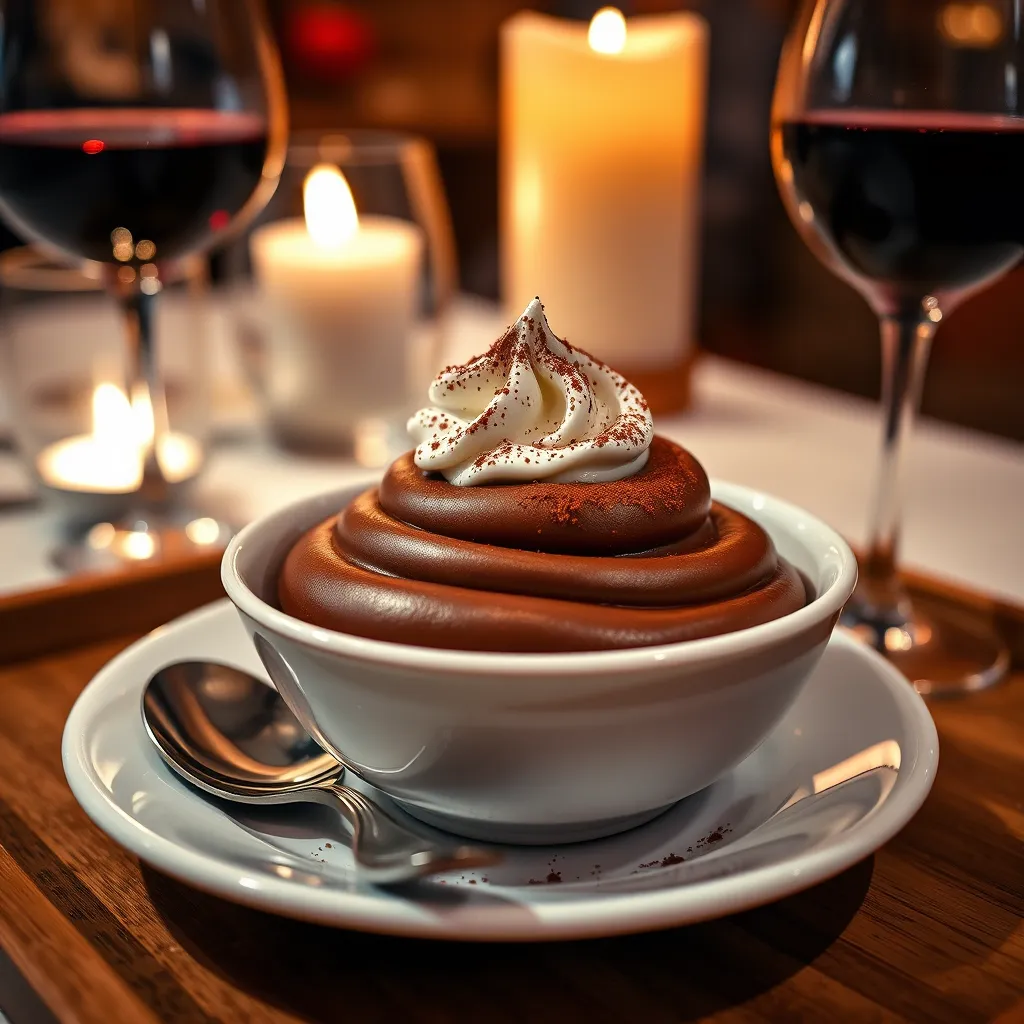 A close-up, low-angle shot of a decadent chocolate mousse dessert. The mousse is served in a white porcelain bowl, adorned with a delicate swirl of whipped cream and a dusting of cocoa powder. A small, silver spoon rests beside the bowl.  The dessert is placed on a wooden tray, alongside a glass of chilled red wine. The background features a warm, inviting bistro ambiance, with soft candlelight creating a romantic atmosphere. The colors should be rich and inviting, with the focus on the dark chocolate and creamy white tones of the dessert. The image should be hyperrealistic and ultra-detailed, capturing the smooth texture of the mousse, the fluffy whipped cream, and the richness of the chocolate.