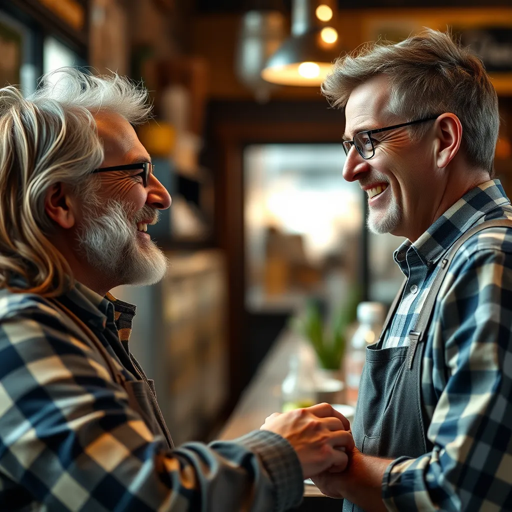 A close-up image of a friendly local business owner interacting with a customer, smiling and engaging in conversation. The image should depict a warm and welcoming atmosphere, highlighting the personal touch of local businesses.