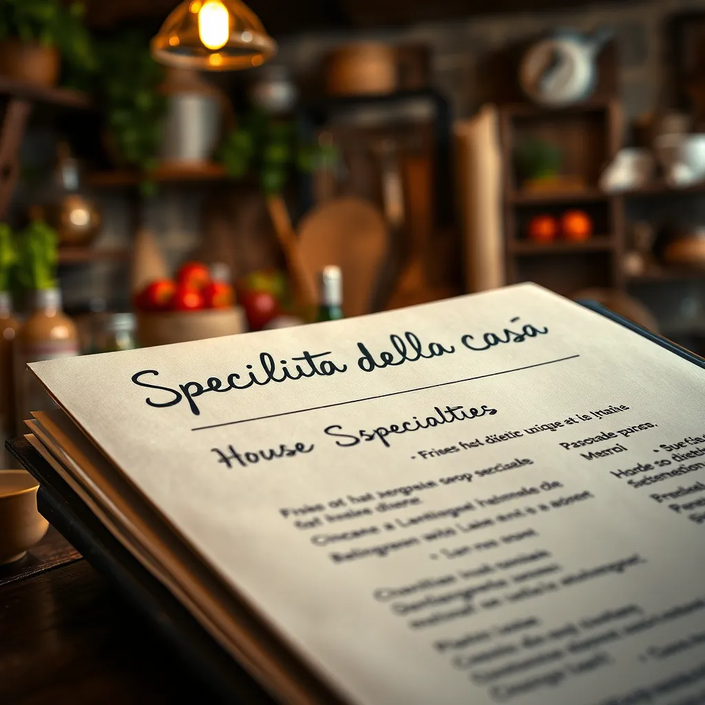 A close-up of a menu with a handwritten heading that reads 'Specialita della Casa' (House Specialties), featuring dishes unique to a specific region of Italy. The background is a traditional Italian kitchen with rustic decor and fresh ingredients.