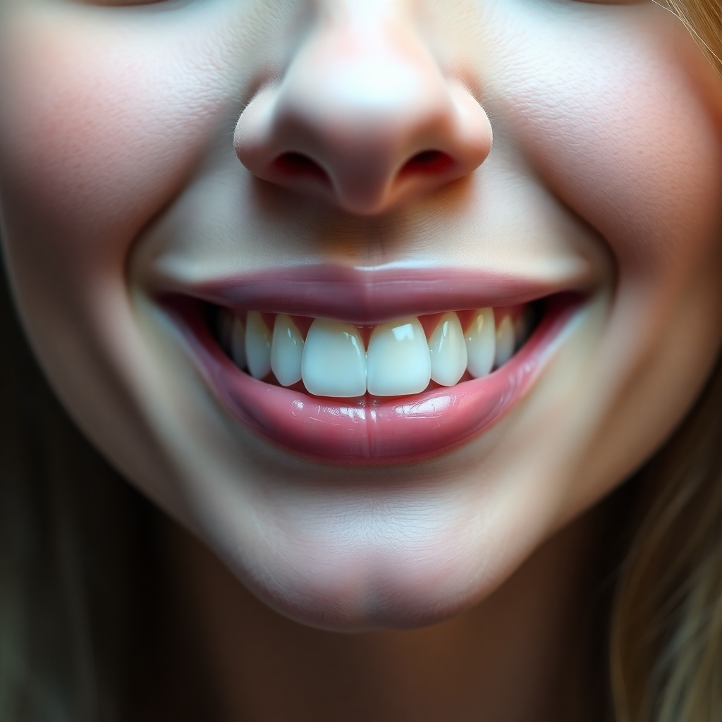 A close-up of a perfect, white smile showcasing the results of cosmetic dentistry. The lighting is soft and flattering, emphasizing the natural beauty of the teeth. 4K resolution, high-quality rendering.